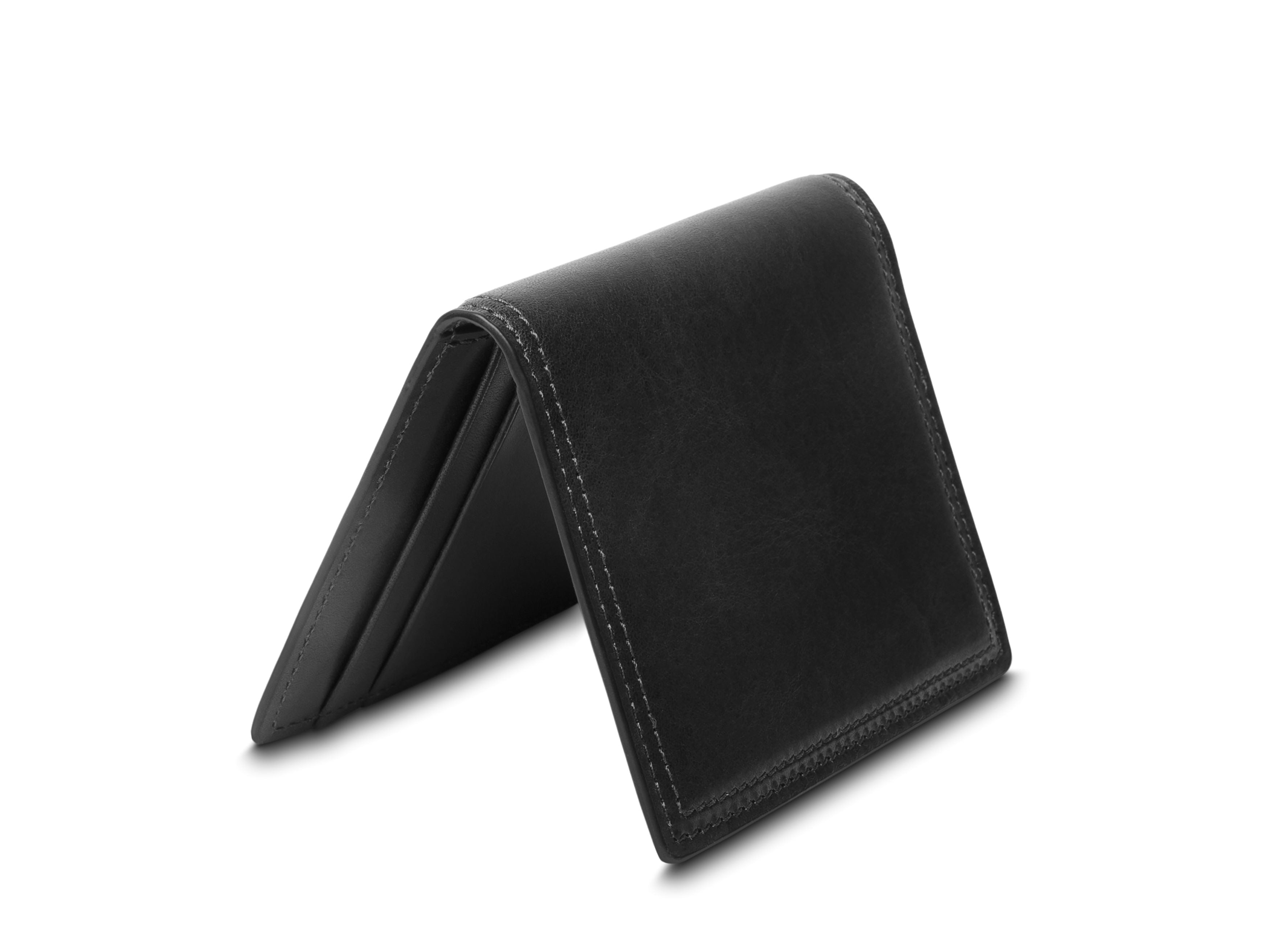 Men's Slim Black Leather Bifold Wallet - Front Pocket ID Window & Money Clip (Bullz Wallet)