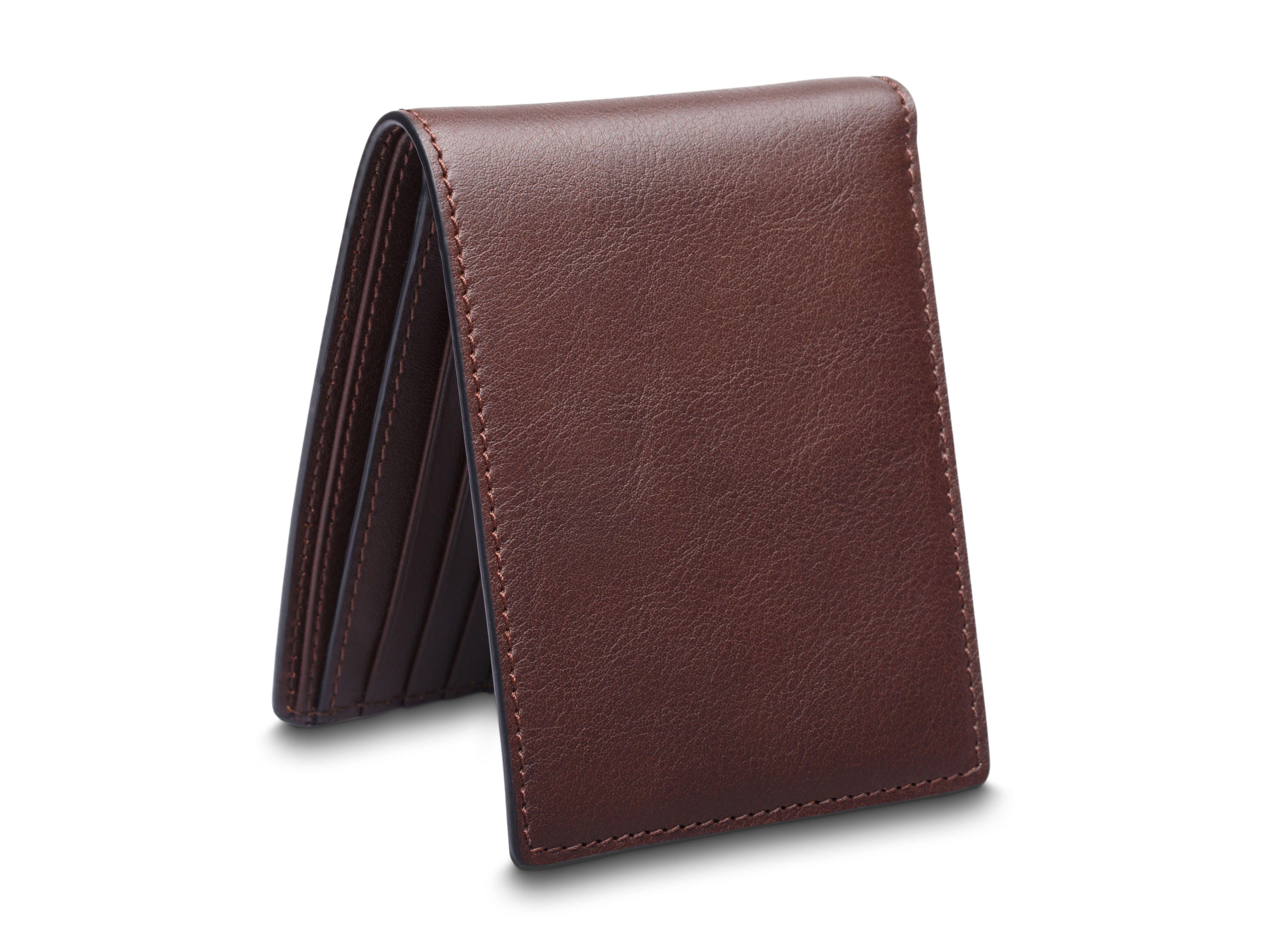 Men's Real Leather Slim Bifold Wallet – RFID Blocking, 10 Card Slots, Front Pocket (Black-Orange)